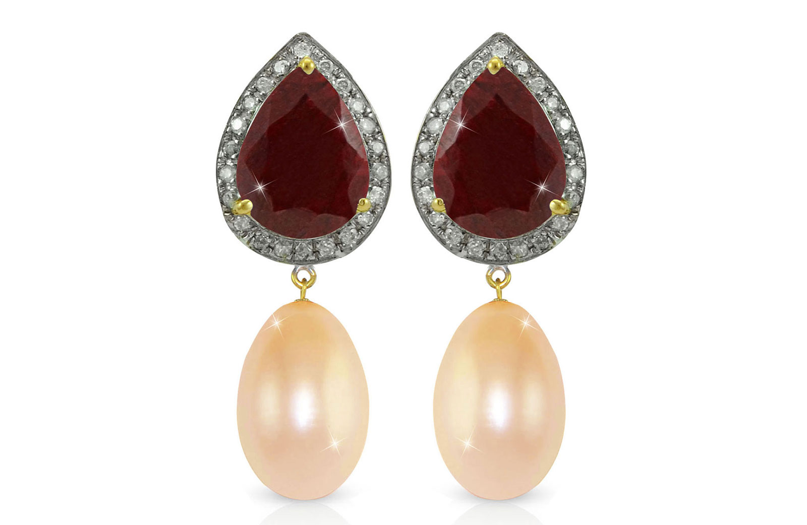 Vera Perla 18K Gold 0.24ct Diamonds, Ruby and 13mm Pink Pearl Earrings